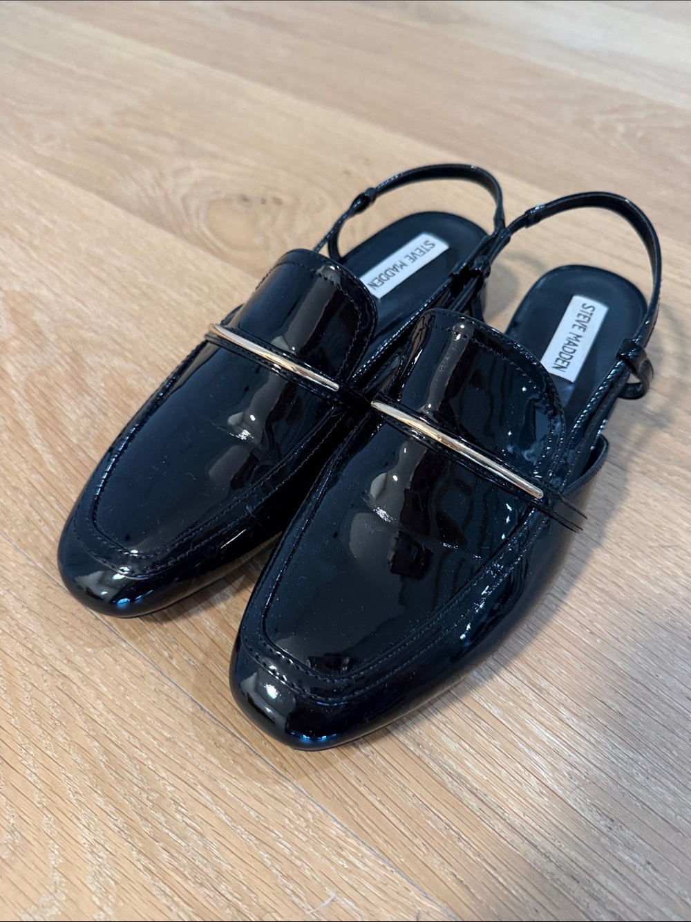 Steve Madden Black Patent Slingback Loafers with Gold Bar